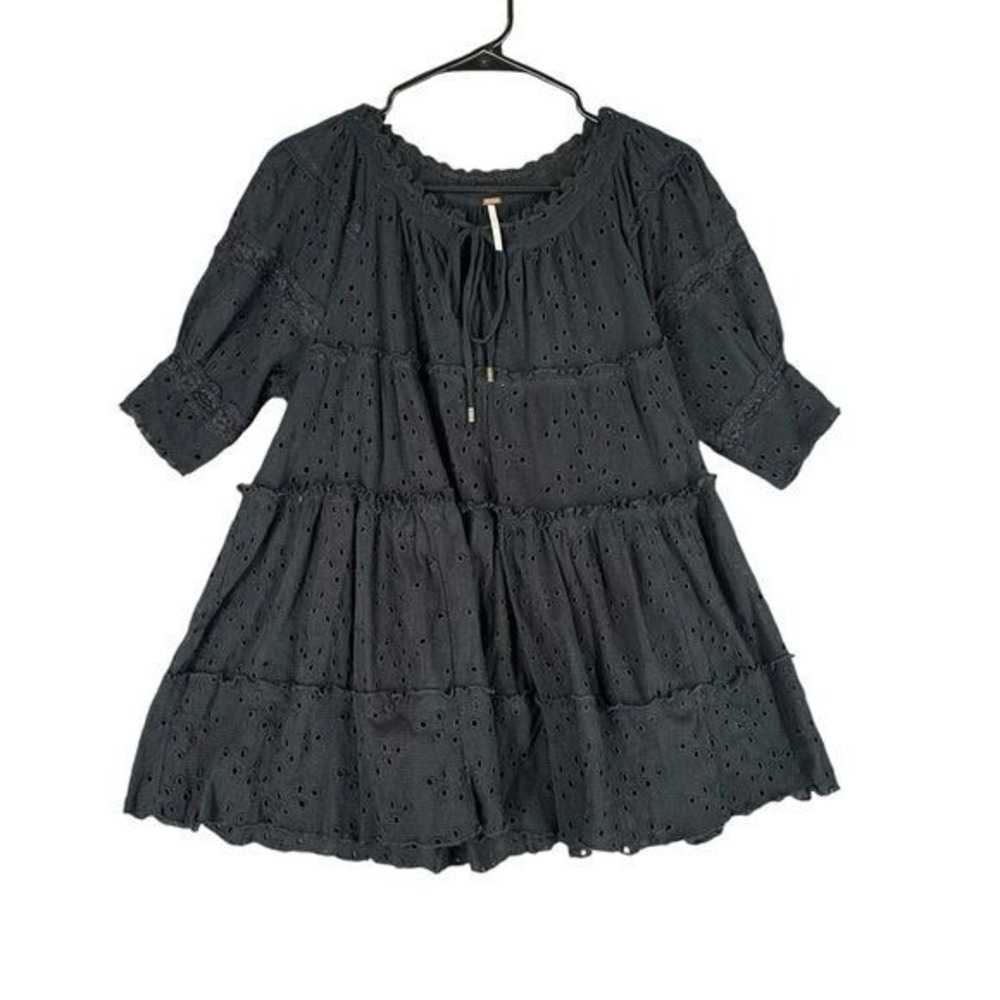 Free People Women's S Black Eyelet Tiered Top Dress Boho Hippie Gypsy Fairy